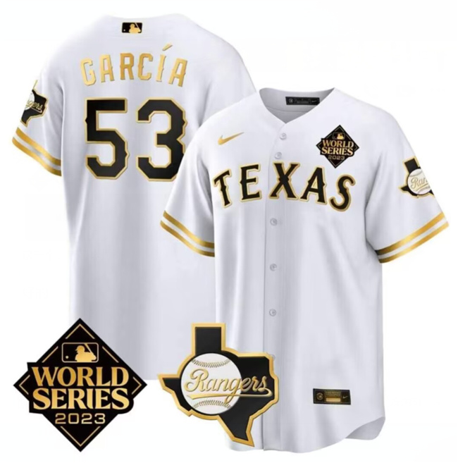 Men's Texas Rangers & Cowboys #53 Adolis García White 2023 World Series Splite Stitched Baseball Jersey